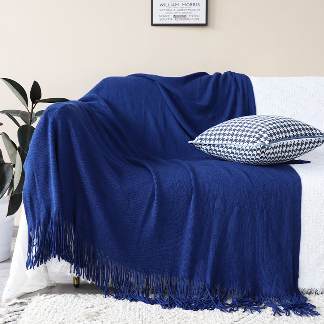 SOGA Royal Blue Acrylic Knitted Throw Blanket Solid Fringed Warm