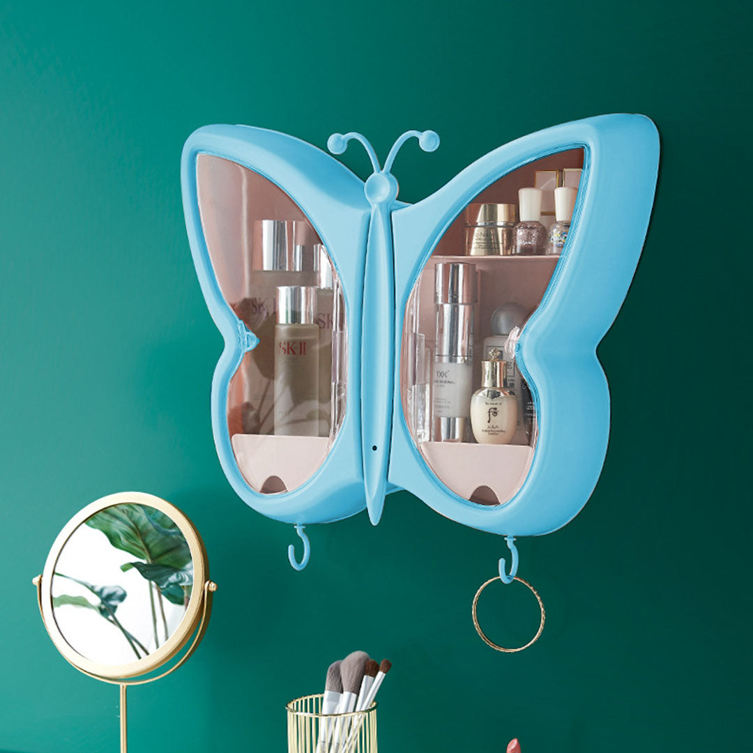 SOGA Blue Butterfly Shape Wall Mounted Makeup Organiser Dustproof Waterproof Bathroom Storage Box Home Decor-Makeup Organisers-PEROZ Accessories