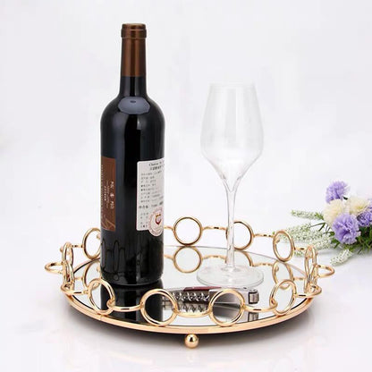 SOGA 38cm Bronze Colored Round Mirror Glass Metal Tray Vanity Makeup Perfume Jewelry Organiser with Handles-Jewellery Holders &amp; Organisers-PEROZ Accessories