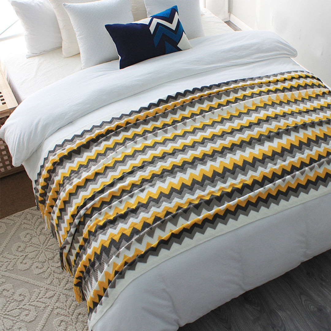 SOGA 220cm Yellow Zigzag Striped Throw Blanket Acrylic Wave Knitted Fringed Woven Cover Couch Bed Sofa Home Decor-Throw Blankets-PEROZ Accessories