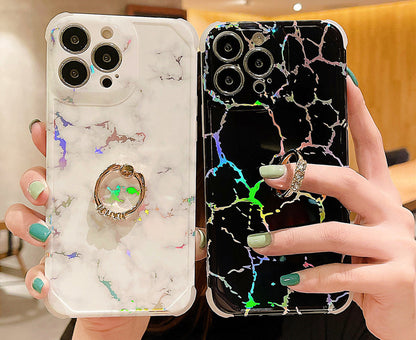 Anymob iPhone Case White Laser Gradient Glitter Marble Ring Holder Stand Soft Silicone Shockproof Coque Mobile Cover iPhone 12 11 13 Pro Max-Mobile Phone Cases-PEROZ Accessories