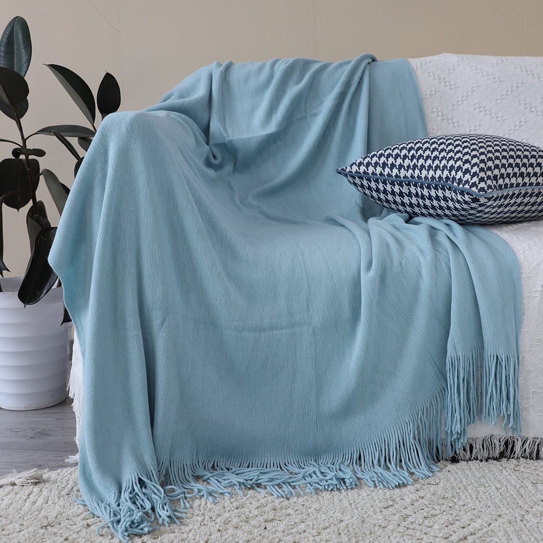 SOGA Sky Blue Acrylic Knitted Throw Blanket Solid Fringed Warm Cozy Woven Cover Couch Bed Sofa Home Decor-Throw Blankets-PEROZ Accessories