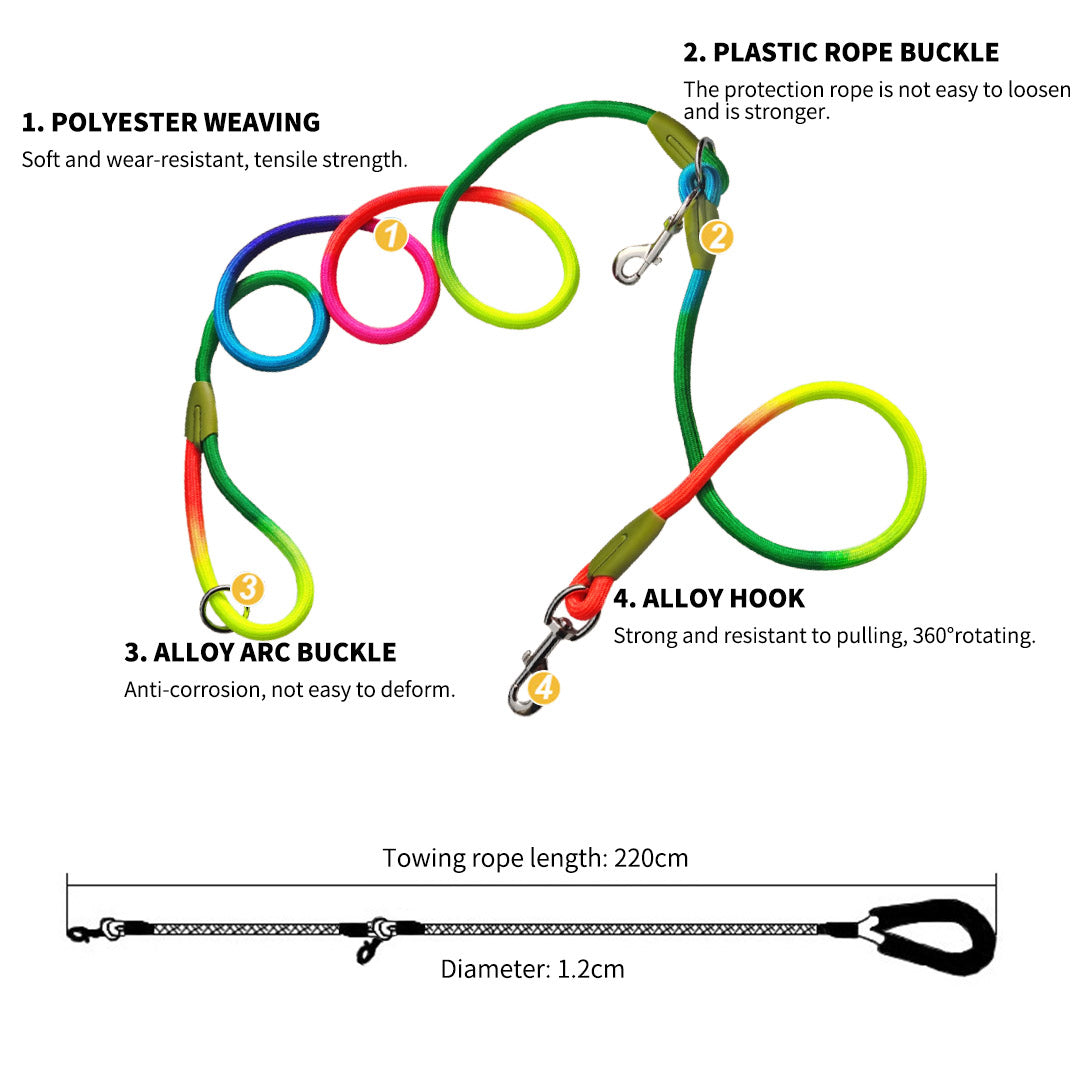 SOGA 220cm Multifunction Hands Free Rope Pet Cat Dog Puppy Double Ended Leash for Walking Training Tracking Obedience Rainbow-Dog Collars-PEROZ Accessories