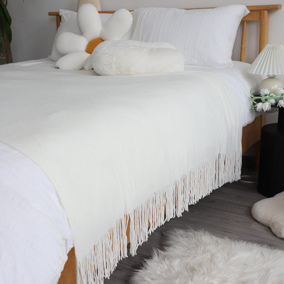 SOGA White Acrylic Knitted Throw Blanket Solid Fringed Warm Cozy Woven Cover Couch Bed Sofa Home Decor-Throw Blankets-PEROZ Accessories