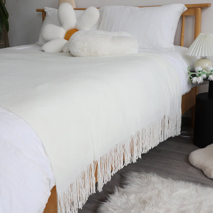 SOGA White Acrylic Knitted Throw Blanket Solid Fringed Warm Cozy Woven Cover Couch Bed Sofa Home Decor-Throw Blankets-PEROZ Accessories