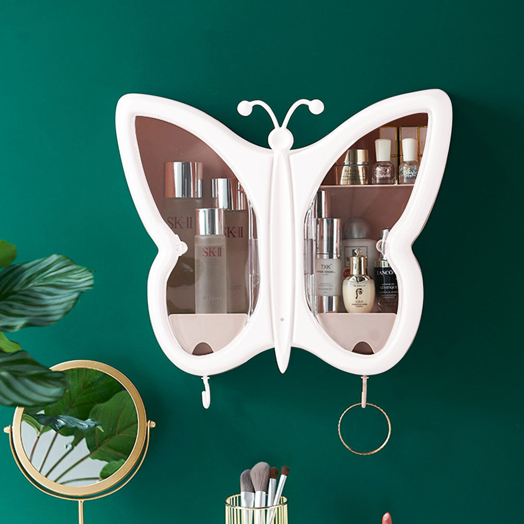 SOGA 2X White Butterfly Shape Wall Mounted Makeup Organiser Dustproof Waterproof Bathroom Storage Box Home Decor-Makeup Organisers-PEROZ Accessories