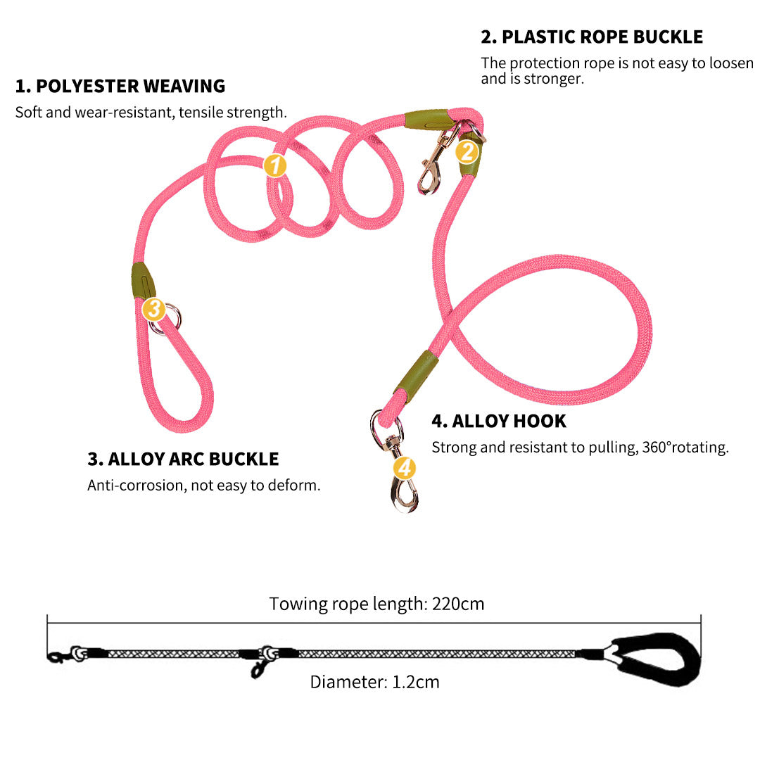 SOGA 2X 220cm Multifunction Hands Free Rope Pet Cat Dog Puppy Double Ended Leash for Walking Training Tracking Obedience Pink-Dog Collars-PEROZ Accessories