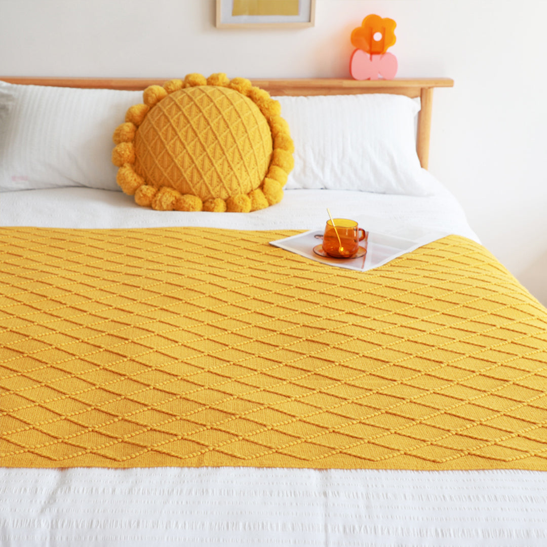 SOGA 2X Yellow Diamond Pattern Knitted Throw Blanket Warm Cozy Woven Cover Couch Bed Sofa Home Decor with Tassels-Throw Blankets-PEROZ Accessories