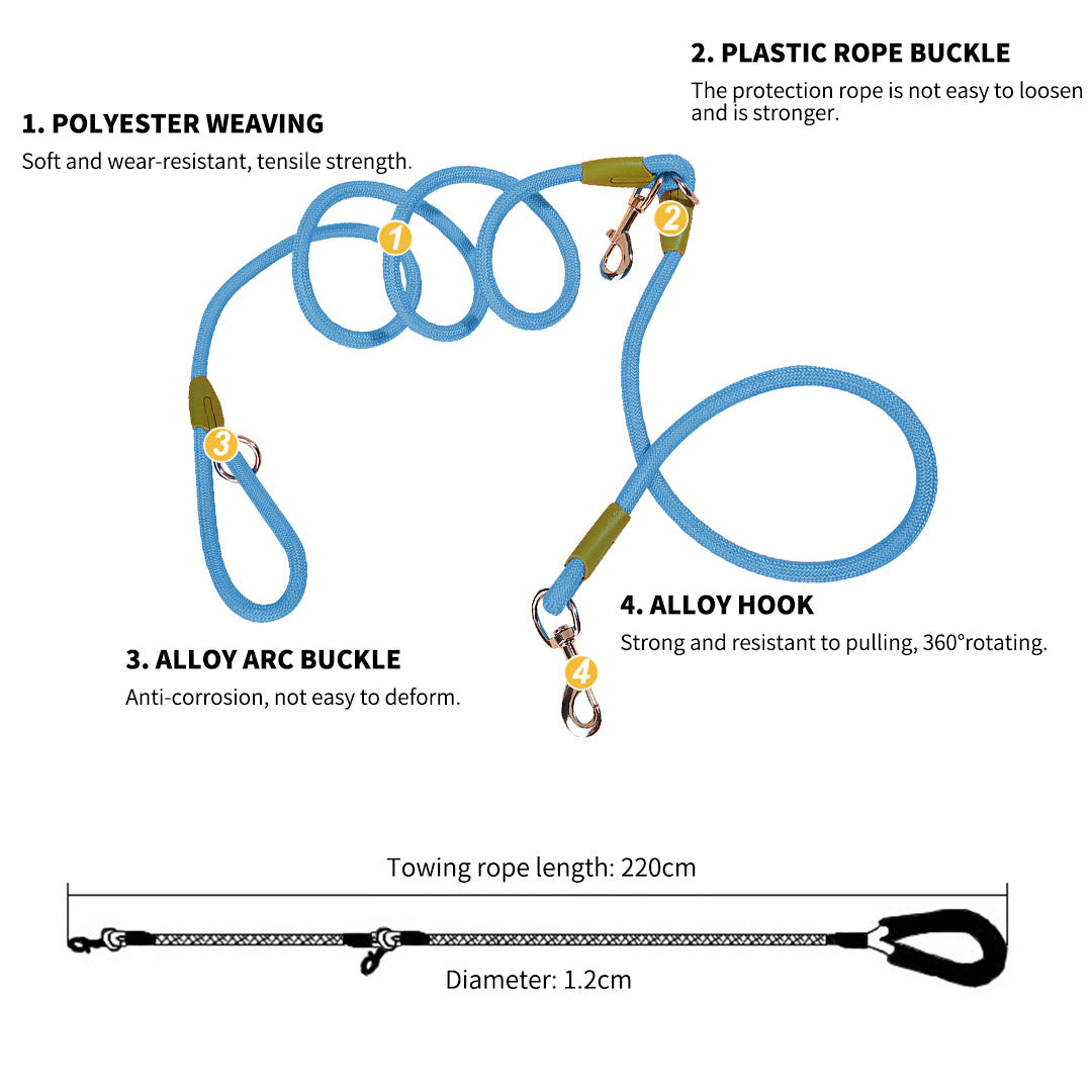 SOGA 2X 220cm Multifunction Hands Free Rope Pet Cat Dog Puppy Double Ended Leash for Walking Training Tracking Obedience Blue-Dog Collars-PEROZ Accessories