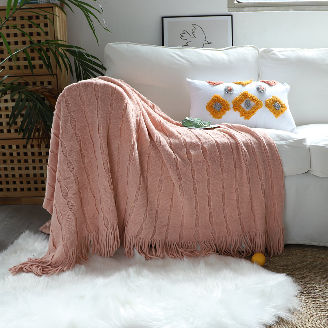 SOGA 2X Pink Textured Knitted Throw Blanket Warm Cozy Woven Cover Couch Bed Sofa Home Decor with Tassels-Throw Blankets-PEROZ Accessories