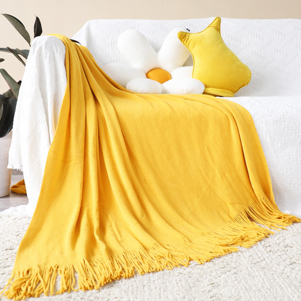 SOGA 2X Yellow Acrylic Knitted Throw Blanket Solid Fringed Warm Cozy Woven Cover Couch Bed Sofa Home Decor-Throw Blankets-PEROZ Accessories