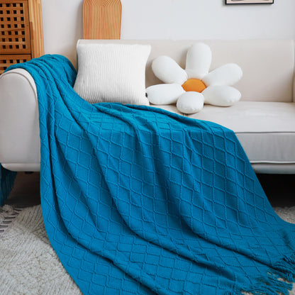 SOGA 2X Blue Diamond Pattern Knitted Throw Blanket Warm Cozy Woven Cover Couch Bed Sofa Home Decor with Tassels-Throw Blankets-PEROZ Accessories