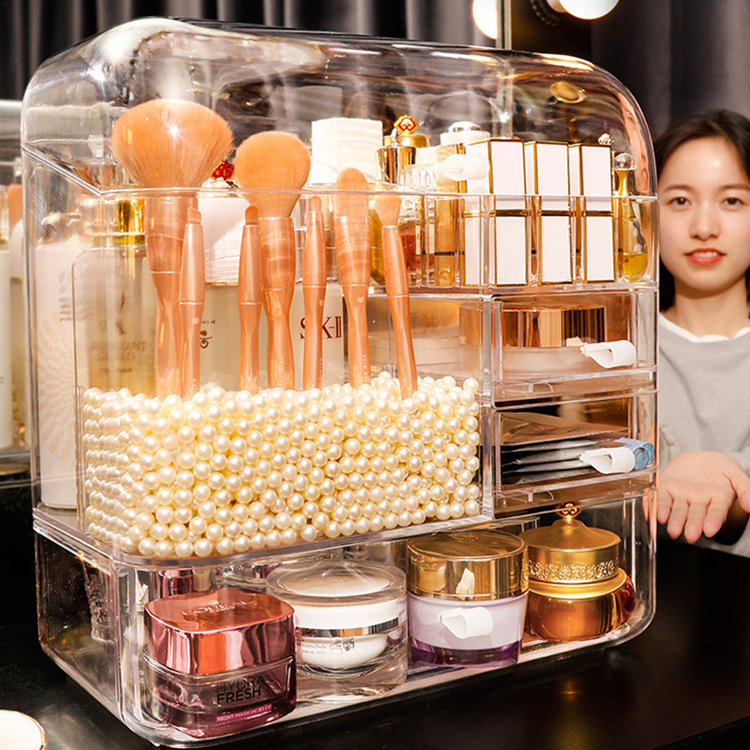 SOGA 2X Transparent Cosmetic Storage Box Clear Makeup Skincare Holder with Lid Drawers Waterproof Dustproof Organiser with Pearls-Makeup Organisers-PEROZ Accessories