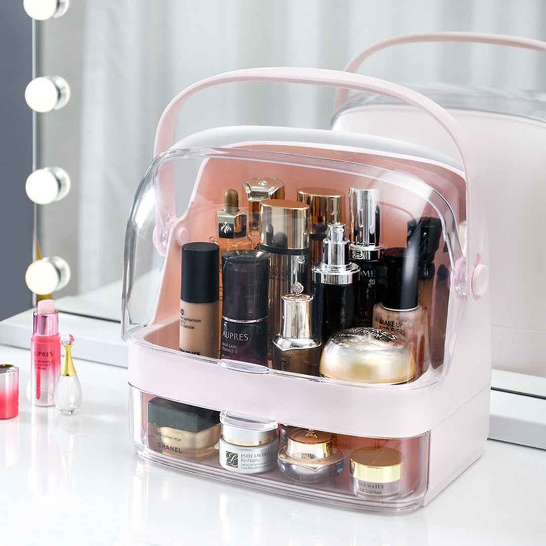 SOGA 2 Tier Pink Countertop Makeup Cosmetic Storage Organiser Skincare Holder Jewelry Storage Box with Handle-Makeup Organisers-PEROZ Accessories
