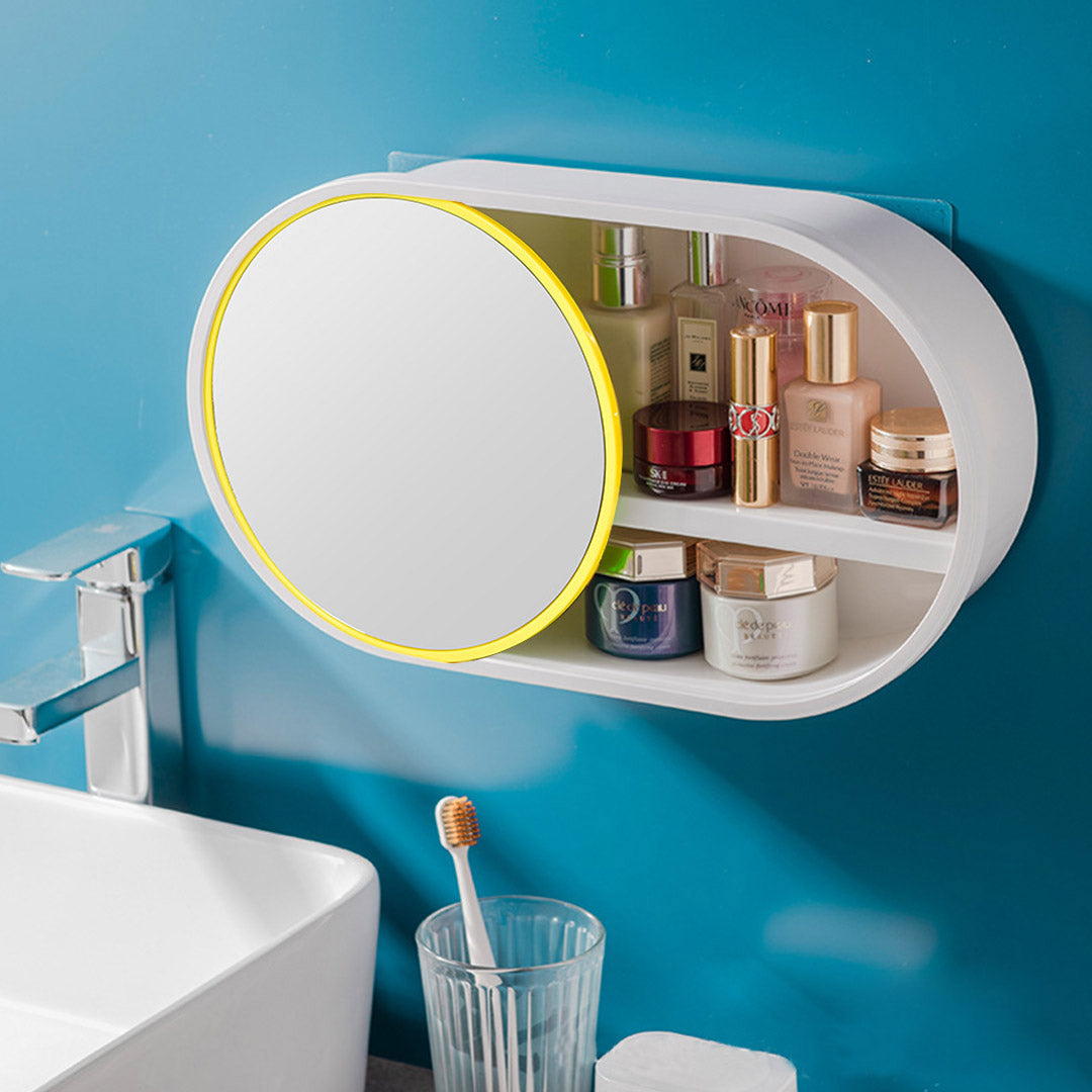 SOGA 39cm Oval Wall Mounted Mirror Storage Box Vanity Mirror Rack Bathroom Adhesive Shelf Home Organiser Decor-Makeup Organisers-PEROZ Accessories