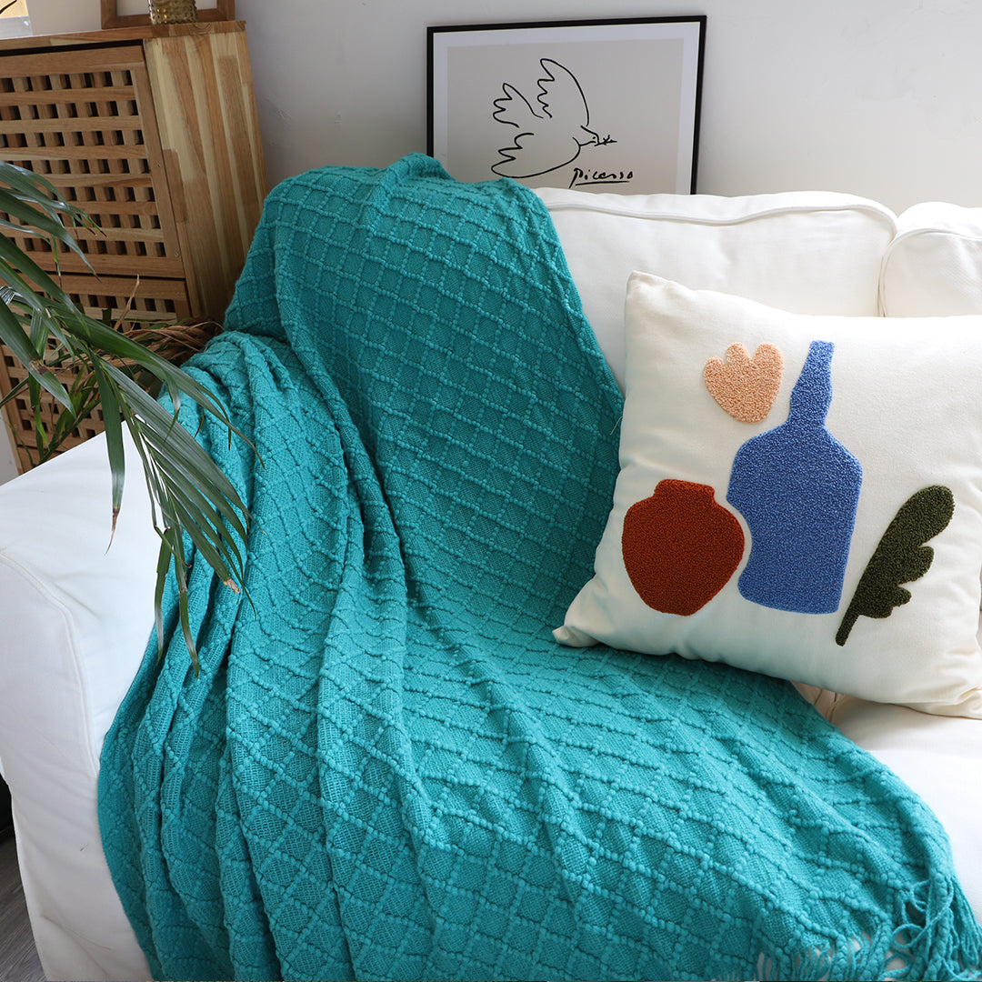 SOGA Teal Diamond Pattern Knitted Throw Blanket Warm Cozy Woven Cover Couch Bed Sofa Home Decor with Tassels-Throw Blankets-PEROZ Accessories