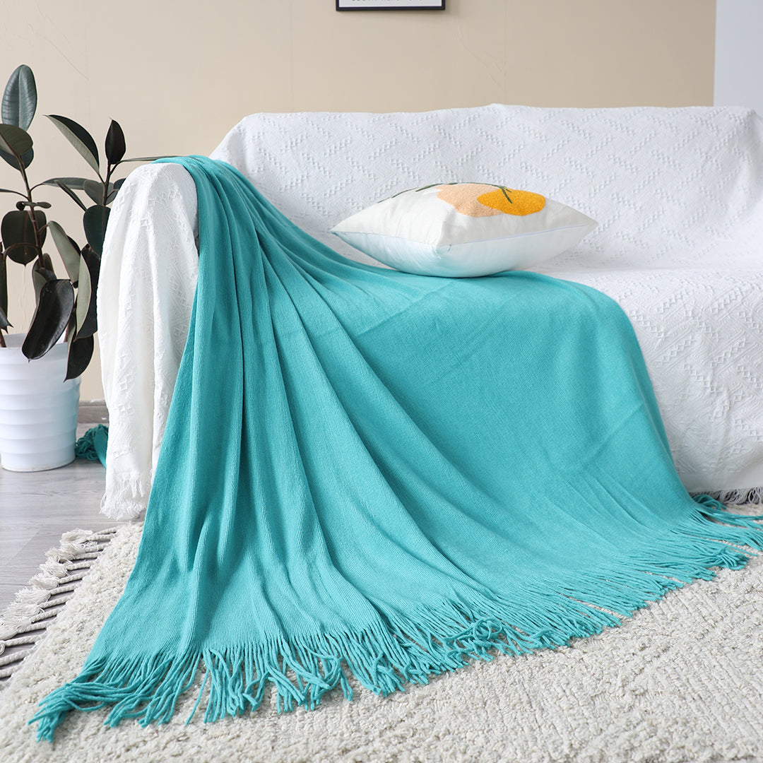 SOGA Teal Acrylic Knitted Throw Blanket Solid Fringed Warm Cozy Woven Cover Couch Bed Sofa Home Decor-Throw Blankets-PEROZ Accessories