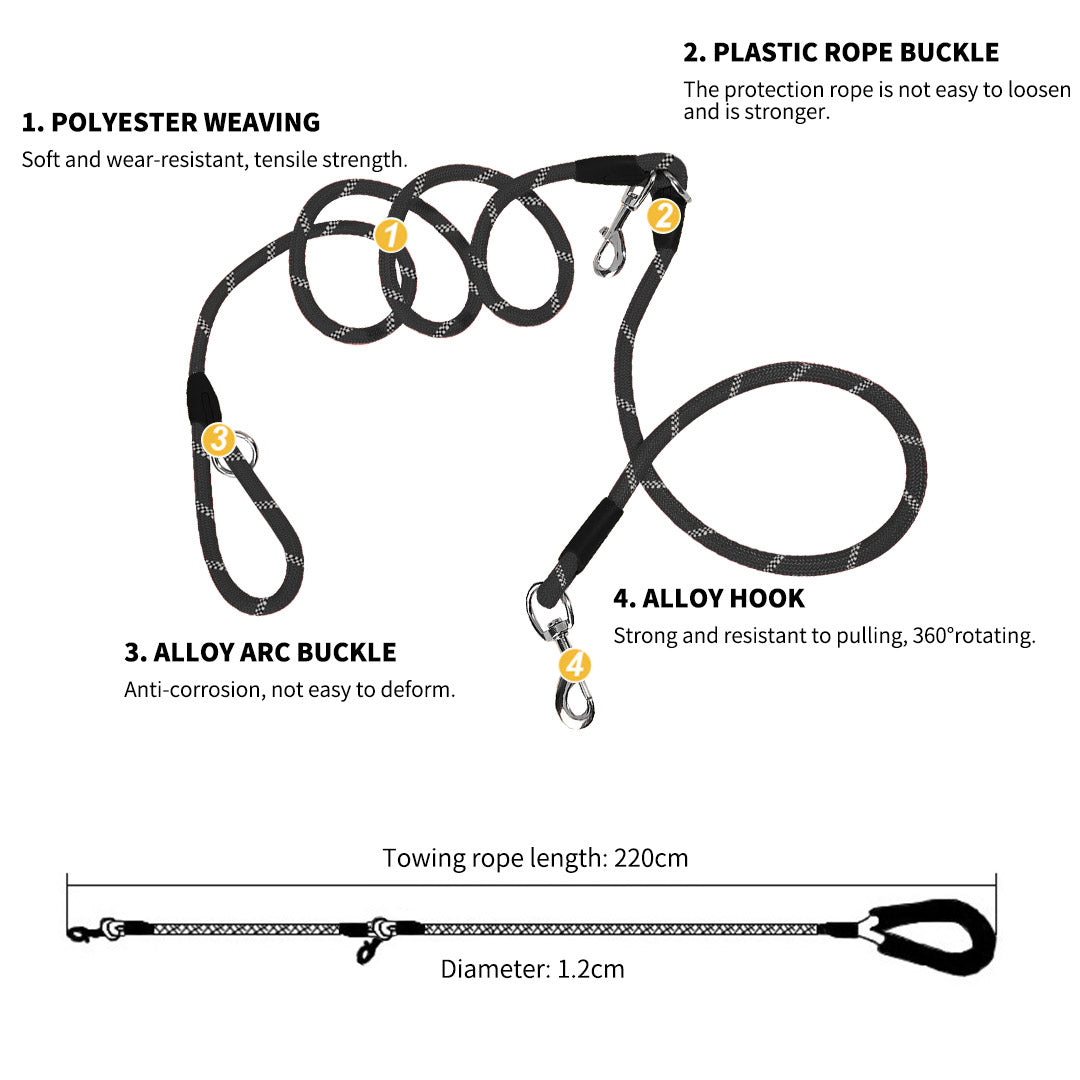 SOGA 220cm Multifunction Hands Free Rope Pet Cat Dog Puppy Double Ended Leash for Walking Training Tracking Obedience Black-Dog Collars-PEROZ Accessories