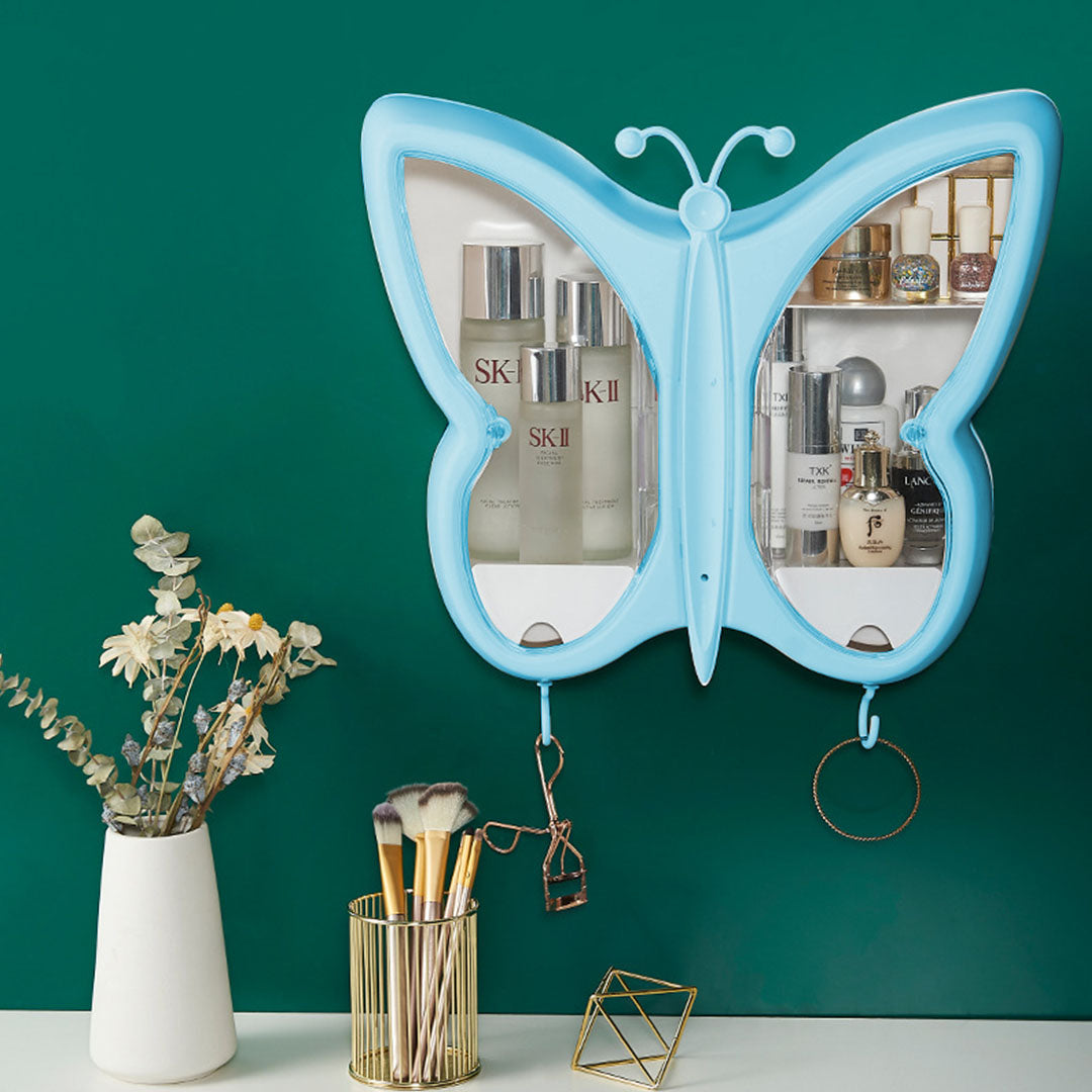 SOGA Blue Butterfly Shape Wall Mounted Makeup Organiser Dustproof Waterproof Bathroom Storage Box Home Decor-Makeup Organisers-PEROZ Accessories