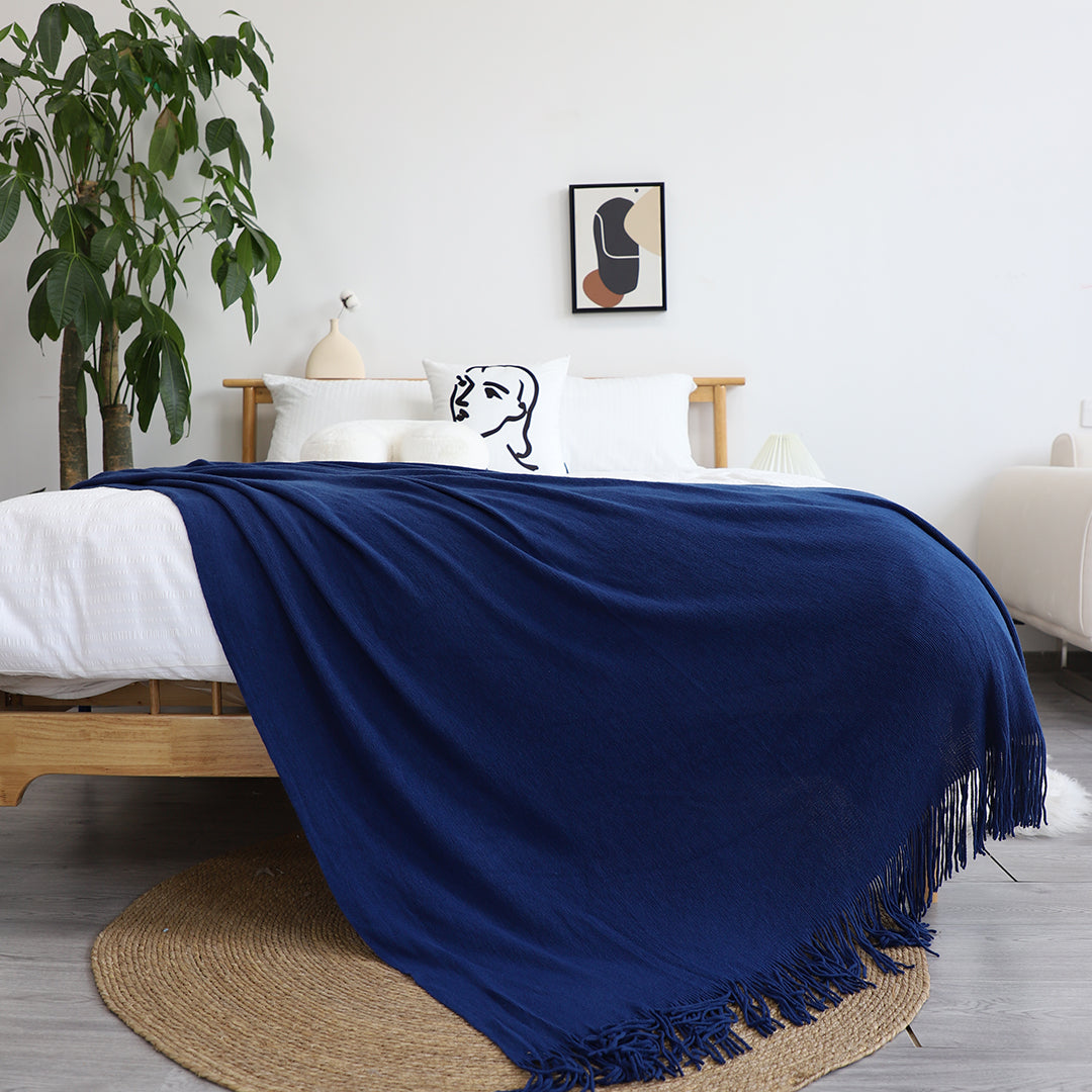 SOGA Royal Blue Acrylic Knitted Throw Blanket Solid Fringed Warm Cozy Woven Cover Couch Bed Sofa Home Decor-Throw Blankets-PEROZ Accessories