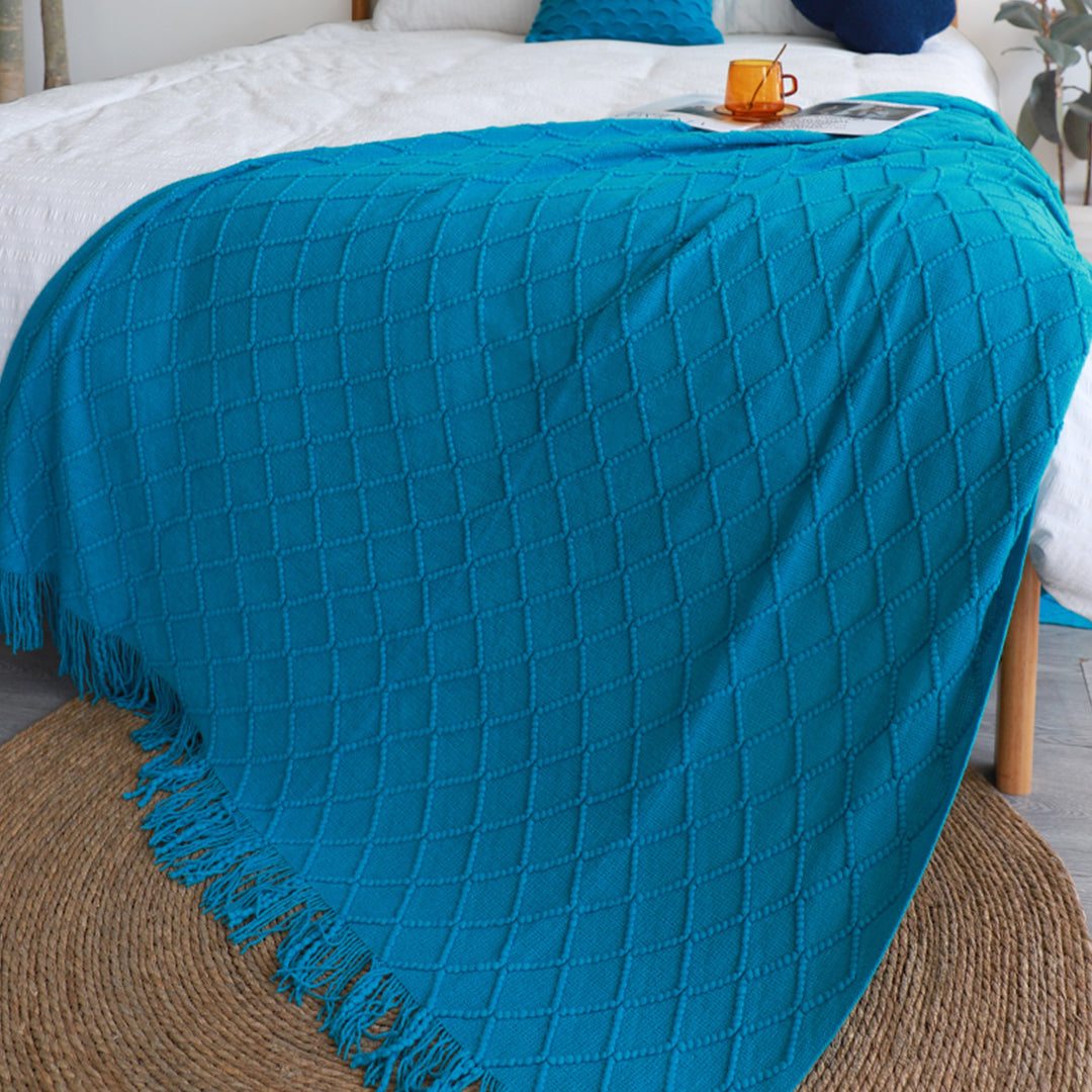 SOGA 2X Blue Diamond Pattern Knitted Throw Blanket Warm Cozy Woven Cover Couch Bed Sofa Home Decor with Tassels-Throw Blankets-PEROZ Accessories