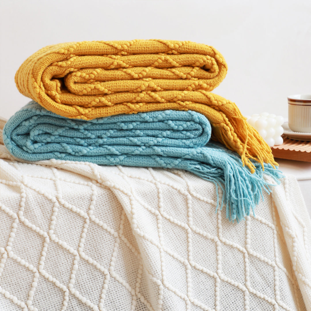 SOGA 2X Yellow Diamond Pattern Knitted Throw Blanket Warm Cozy Woven Cover Couch Bed Sofa Home Decor with Tassels-Throw Blankets-PEROZ Accessories