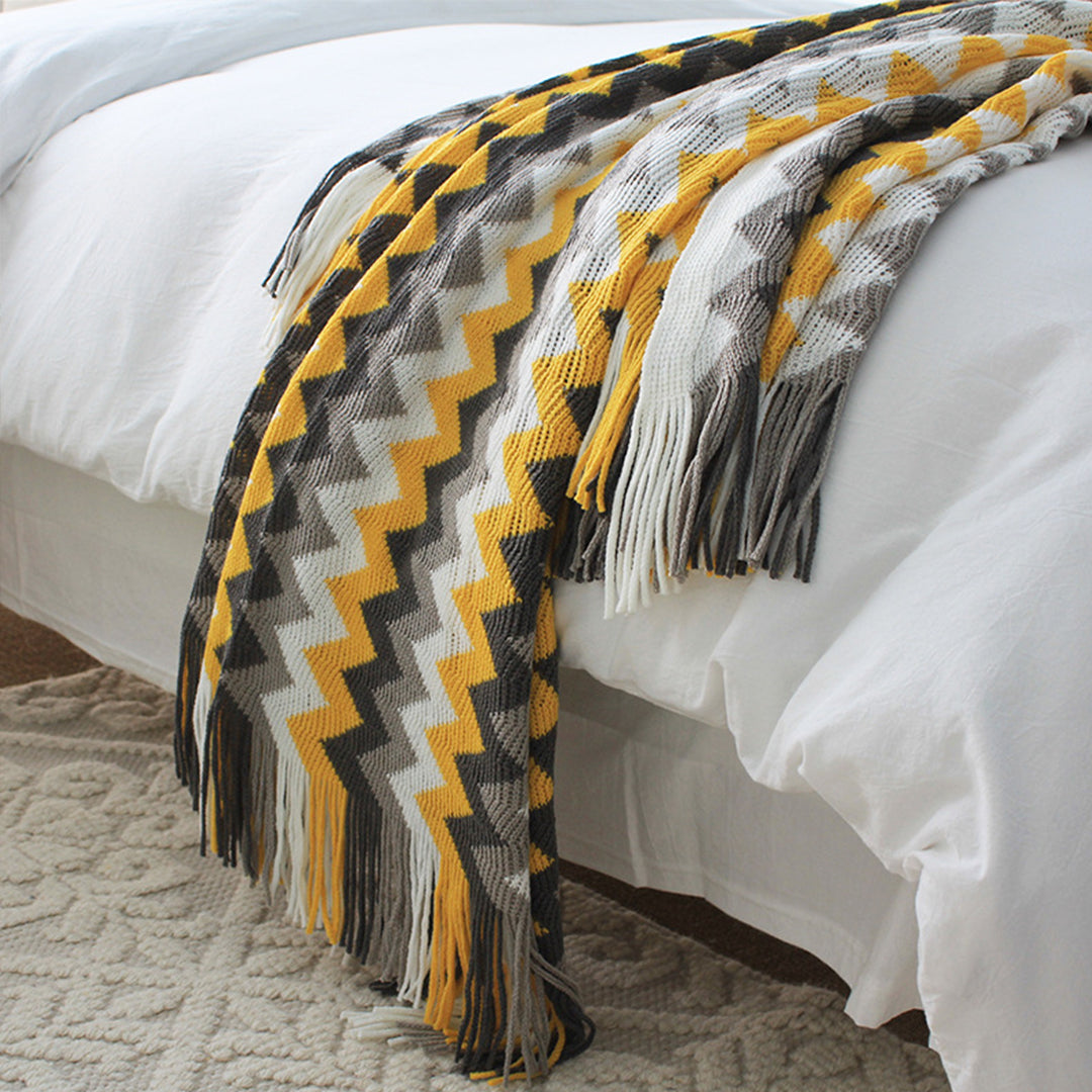 SOGA 220cm Yellow Zigzag Striped Throw Blanket Acrylic Wave Knitted Fringed Woven Cover Couch Bed Sofa Home Decor-Throw Blankets-PEROZ Accessories