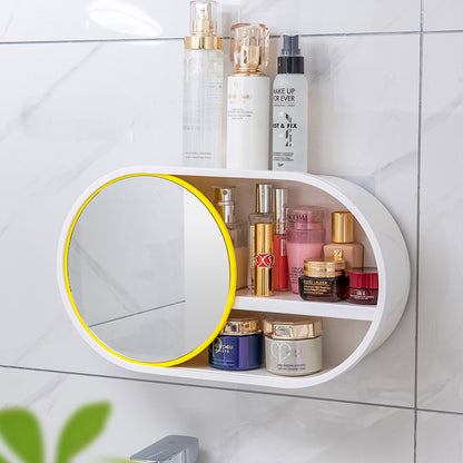 SOGA 39cm Oval Wall Mounted Mirror Storage Box Vanity Mirror Rack Bathroom Adhesive Shelf Home Organiser Decor-Makeup Organisers-PEROZ Accessories