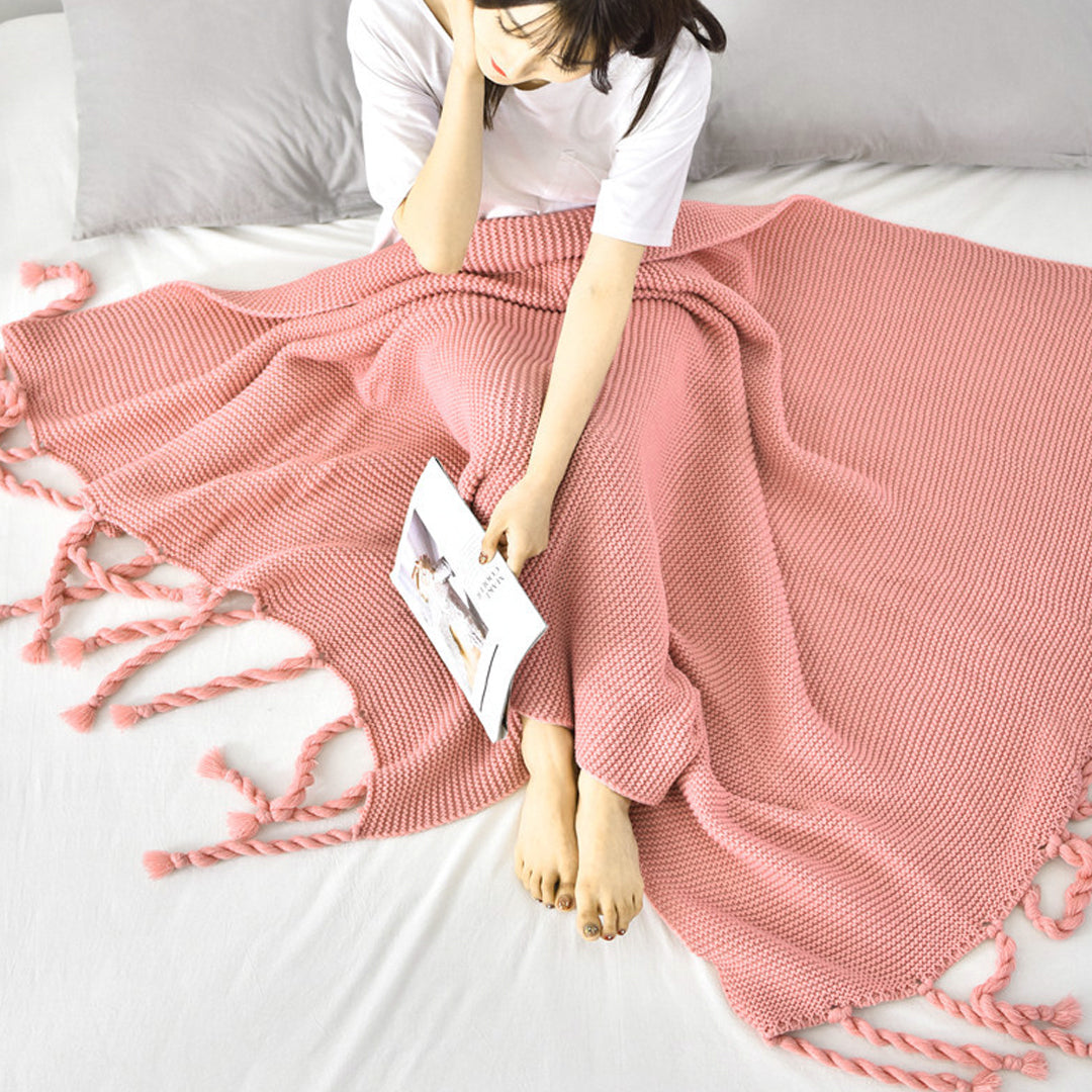 SOGA Pink Tassel Fringe Knitting Blanket Warm Cozy Woven Cover Couch Bed Sofa Home Decor-Throw Blankets-PEROZ Accessories
