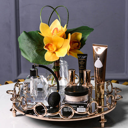 SOGA 38cm Bronze Colored Round Mirror Glass Metal Tray Vanity Makeup Perfume Jewelry Organiser with Handles-Jewellery Holders &amp; Organisers-PEROZ Accessories