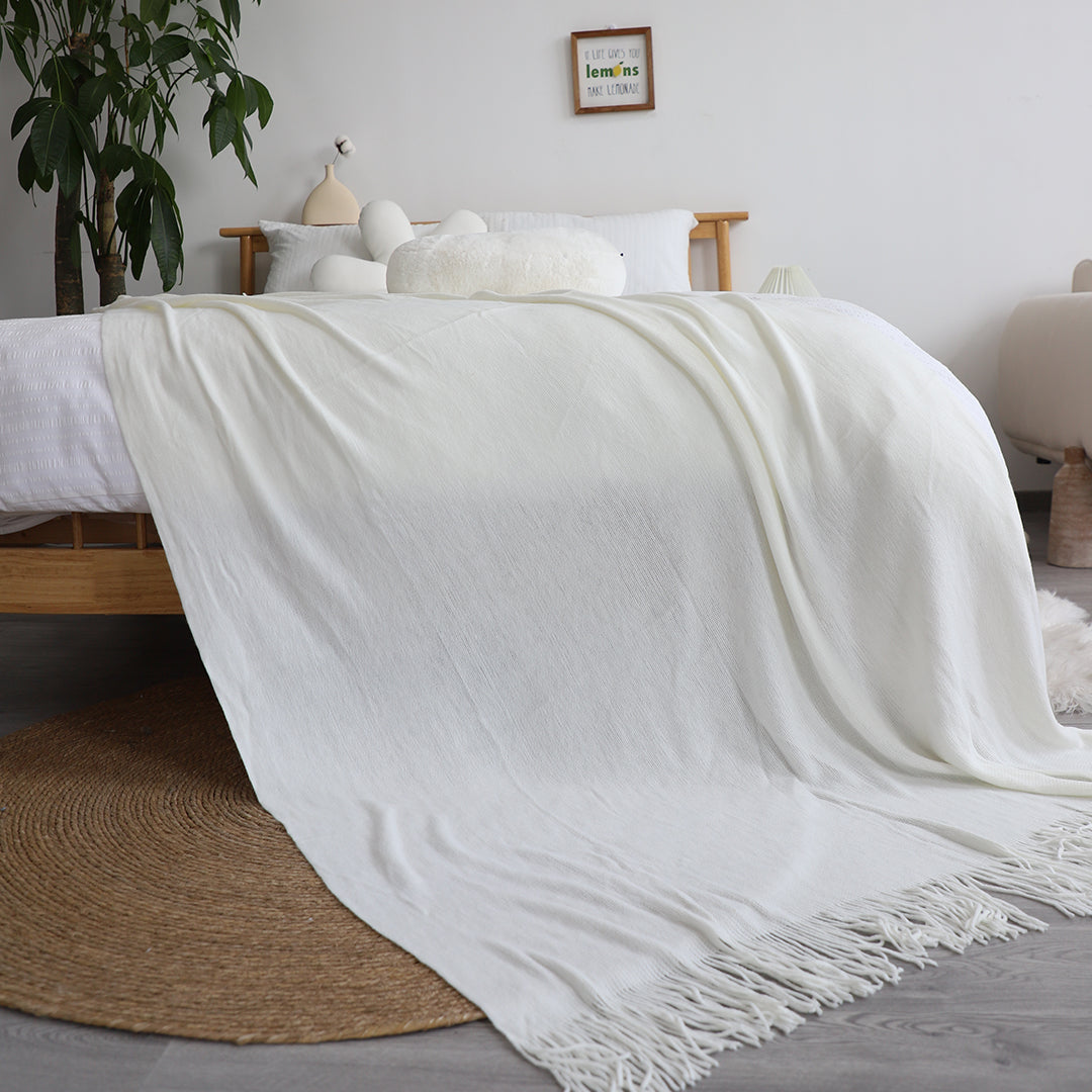 SOGA White Acrylic Knitted Throw Blanket Solid Fringed Warm Cozy Woven Cover Couch Bed Sofa Home Decor-Throw Blankets-PEROZ Accessories