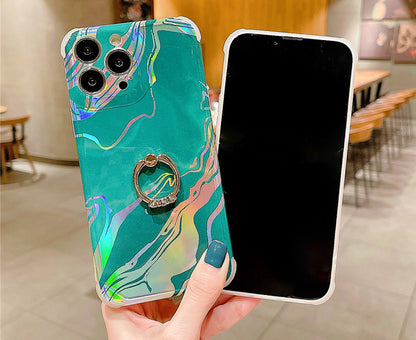 Anymob iPhone Case White Laser Gradient Glitter Marble Ring Holder Stand Soft Silicone Shockproof Coque Mobile Cover iPhone 12 11 13 Pro Max-Mobile Phone Cases-PEROZ Accessories