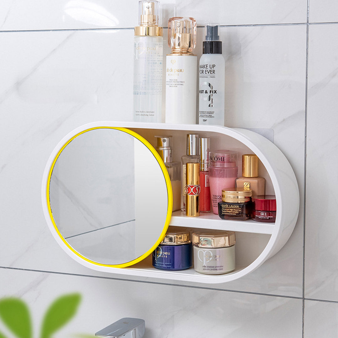 SOGA 2X 39cm Oval Wall Mounted Mirror Storage Box Vanity Mirror Rack Bathroom Adhesive Shelf Home Organiser Decor-Makeup Organisers-PEROZ Accessories
