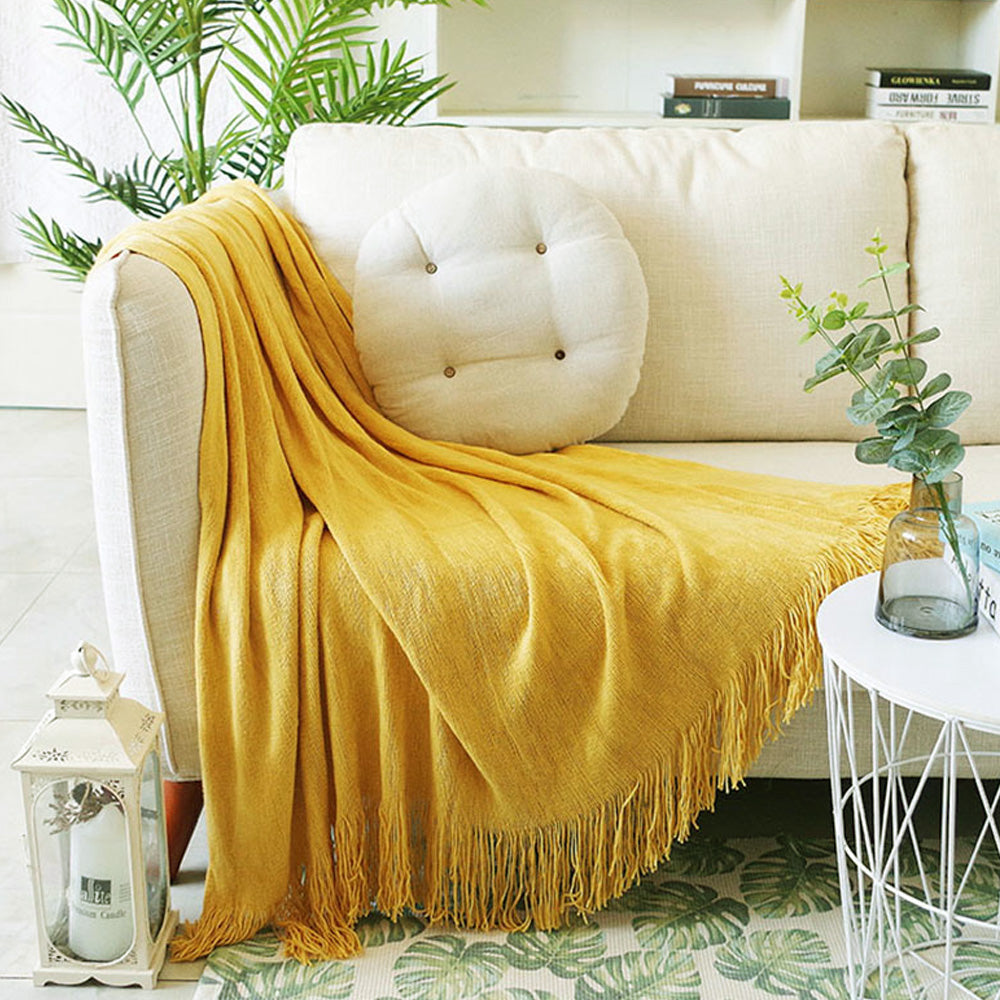 SOGA Yellow Acrylic Knitted Throw Blanket Solid Fringed Warm Cozy Woven Cover Couch Bed Sofa Home Decor-Throw Blankets-PEROZ Accessories