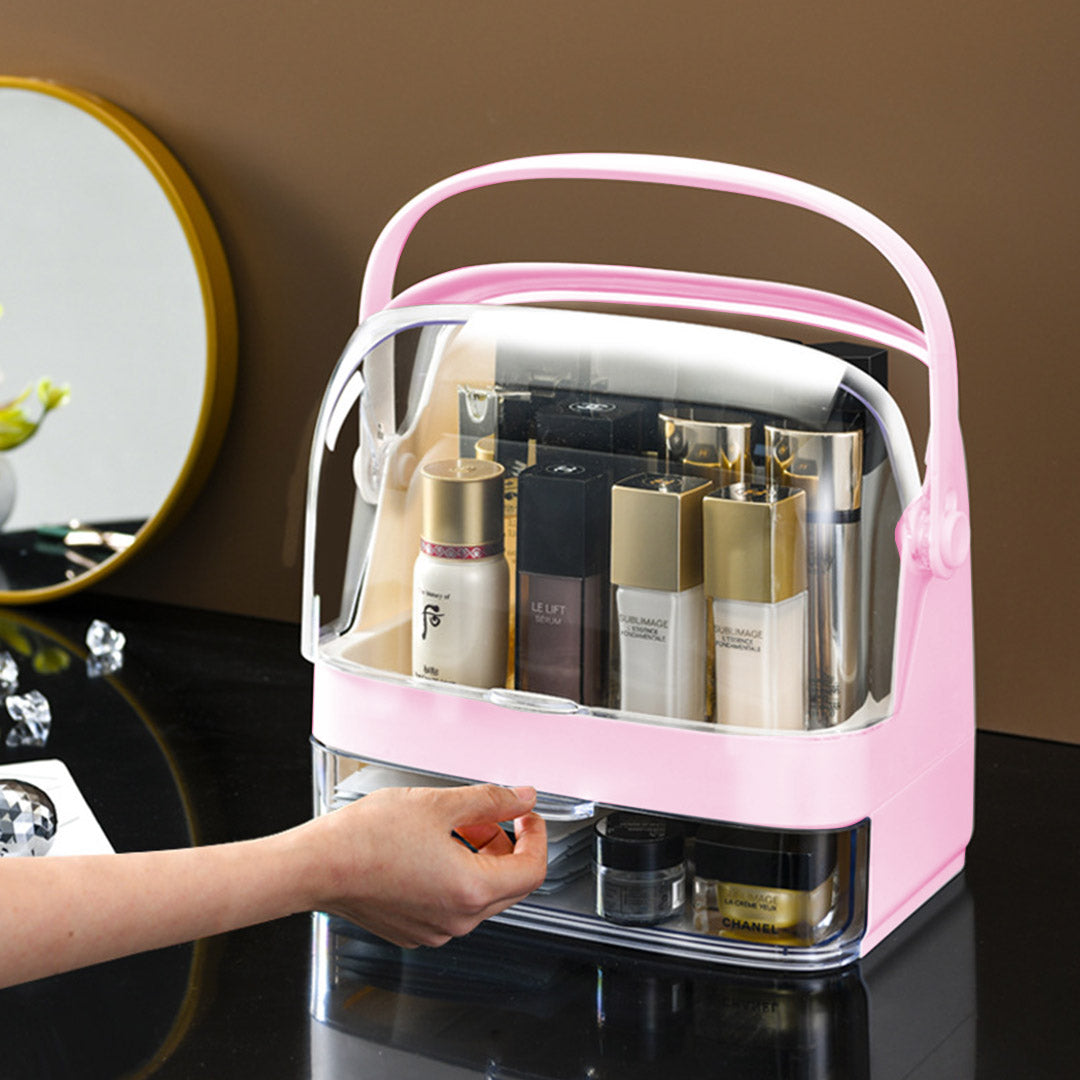 SOGA 2 Tier Pink Countertop Makeup Cosmetic Storage Organiser Skincare Holder Jewelry Storage Box with Handle-Makeup Organisers-PEROZ Accessories