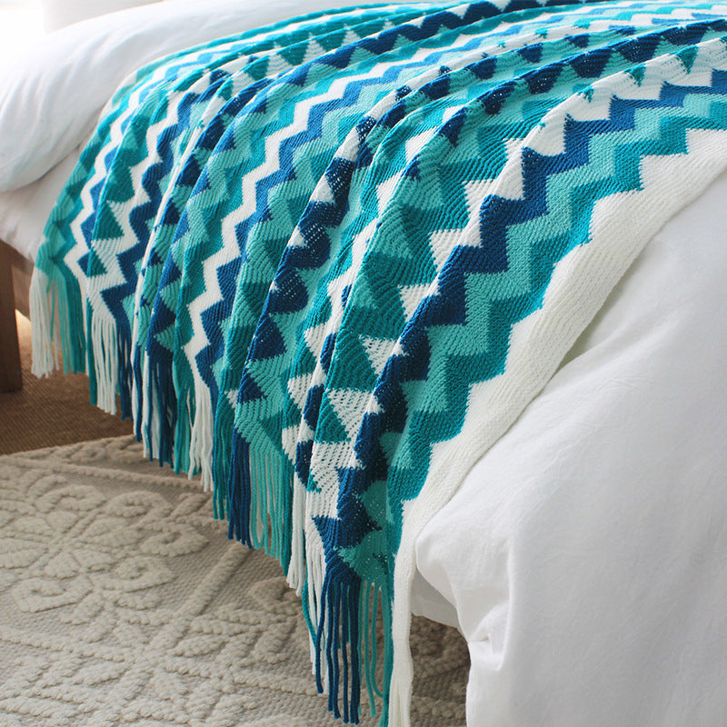 SOGA 220cm Blue Zigzag Striped Throw Blanket Acrylic Wave Knitted Fringed Woven Cover Couch Bed Sofa Home Decor-Throw Blankets-PEROZ Accessories