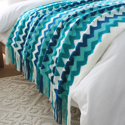 SOGA 220cm Blue Zigzag Striped Throw Blanket Acrylic Wave Knitted Fringed Woven Cover Couch Bed Sofa Home Decor-Throw Blankets-PEROZ Accessories