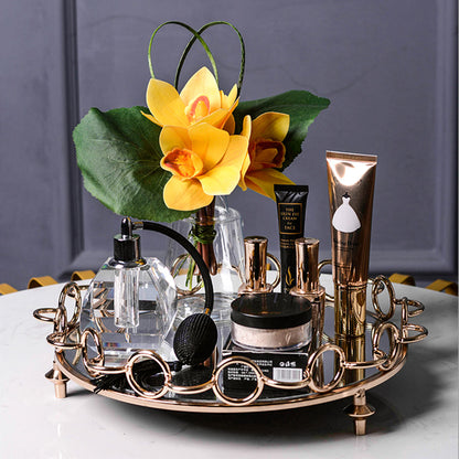 SOGA 33cm Bronze Colored Round Mirror Glass Metal Tray Vanity Makeup Perfume Jewelry Organiser with Handles-Jewellery Holders &amp; Organisers-PEROZ Accessories