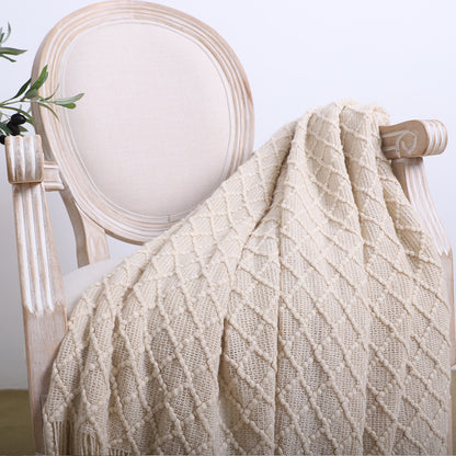 SOGA Beige Diamond Pattern Knitted Throw Blanket Warm Cozy Woven Cover Couch Bed Sofa Home Decor with Tassels-Throw Blankets-PEROZ Accessories