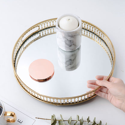 SOGA 32cm Gold Round Ornate Mirror Glass Metal Tray Vanity Makeup Perfume Jewelry Organiser with Handles-Jewellery Holders &amp; Organisers-PEROZ Accessories