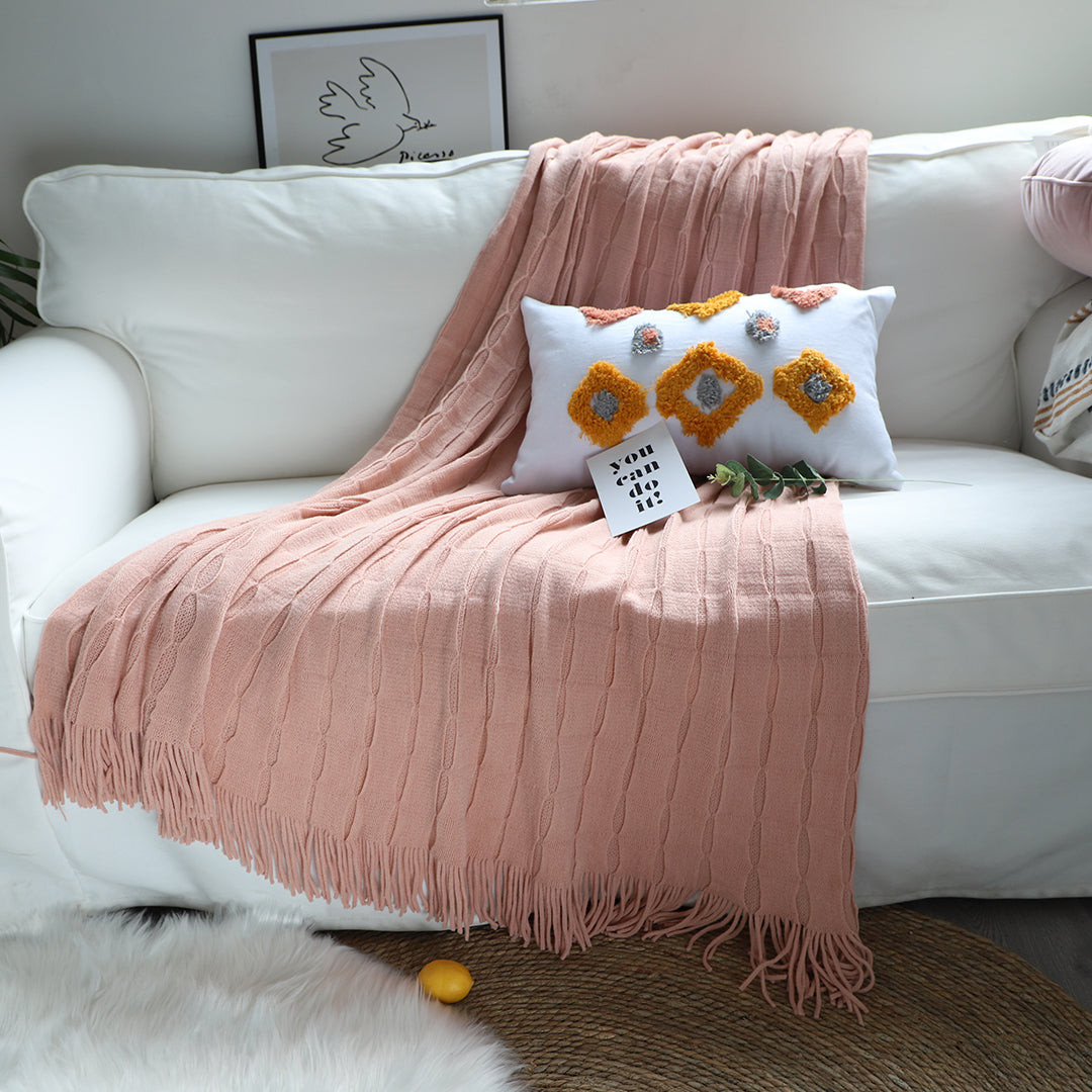 SOGA 2X Pink Textured Knitted Throw Blanket Warm Cozy Woven Cover Couch Bed Sofa Home Decor with Tassels-Throw Blankets-PEROZ Accessories