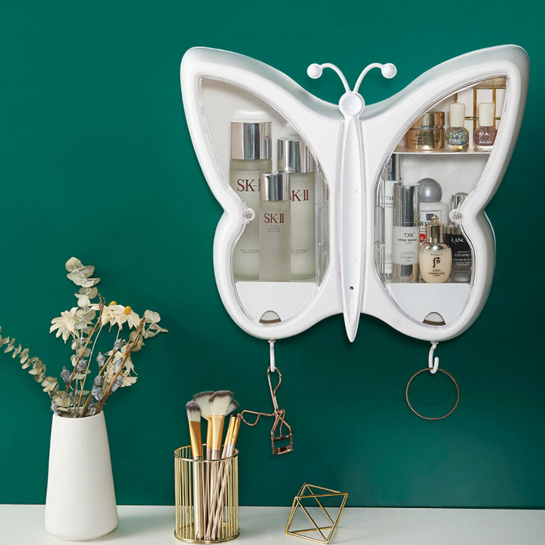 SOGA 2X White Butterfly Shape Wall Mounted Makeup Organiser Dustproof Waterproof Bathroom Storage Box Home Decor-Makeup Organisers-PEROZ Accessories