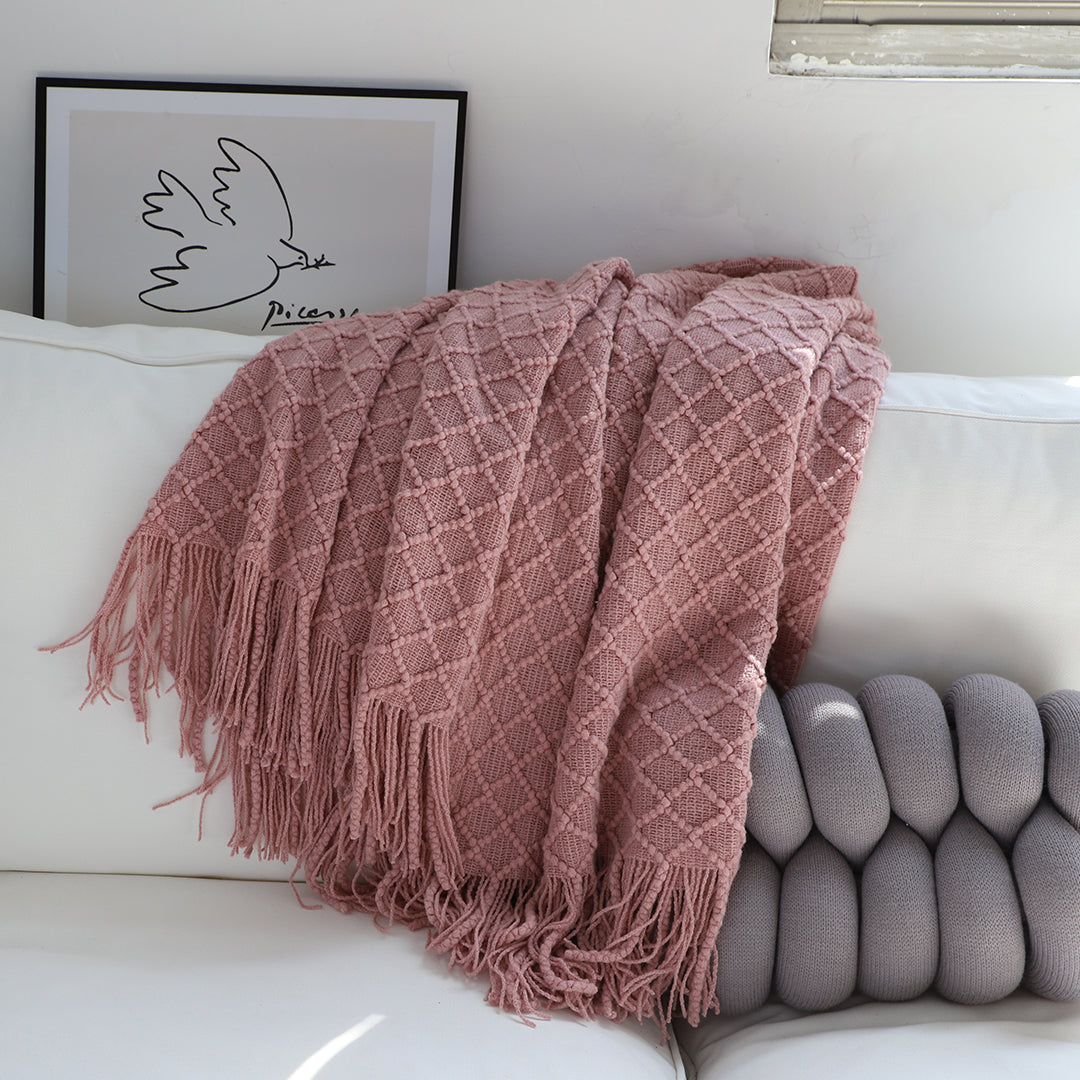 SOGA 2X Pink Diamond Pattern Knitted Throw Blanket Warm Cozy Woven Cover Couch Bed Sofa Home Decor with Tassels-Throw Blankets-PEROZ Accessories