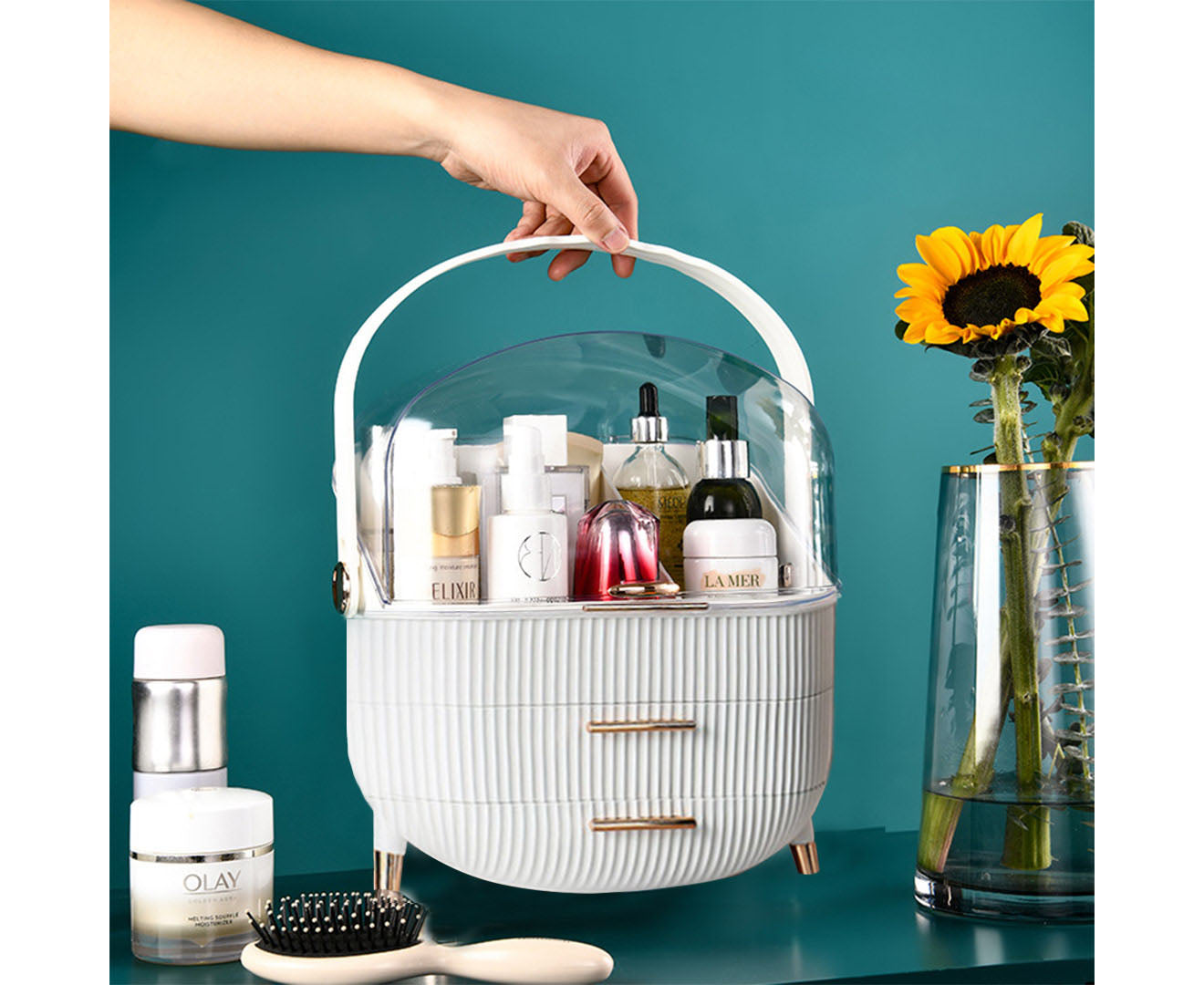 SOGA 2X 29cm White Countertop Makeup Cosmetic Storage Organiser Skincare Holder Jewelry Storage Box with Handle-Makeup Organisers-PEROZ Accessories
