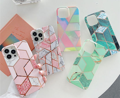 Anymob iPhone Blue Green Electroplated Geometric Soft Silicon Cover For IOS Marble Phone Case iPhone Compatible-Mobile Phone Cases-PEROZ Accessories