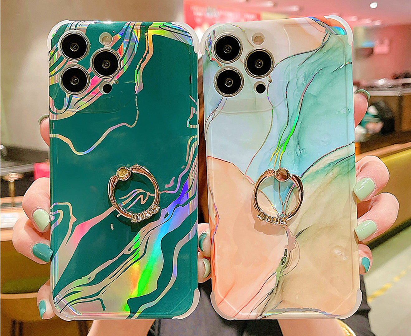 Anymob iPhone Case White Laser Gradient Glitter Marble Ring Holder Stand Soft Silicone Shockproof Coque Mobile Cover iPhone 12 11 13 Pro Max-Mobile Phone Cases-PEROZ Accessories