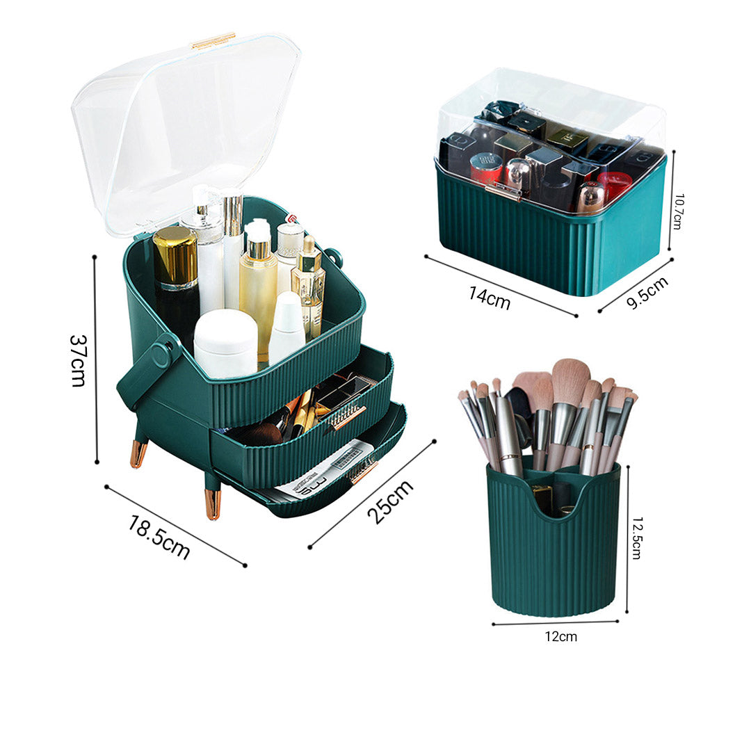 SOGA Green Cosmetic Jewelry Storage Organiser Set Makeup Brush Lipstick Skincare Holder Jewelry Storage Box with Handle-Makeup Organisers-PEROZ Accessories