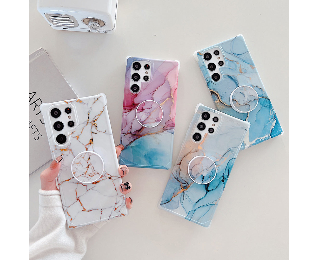 Anymob Samsung Phone Case Style Crack Granite Marble Fold Holder Soft Cover White For S22 Ultra S21 Plus Note 20 S20 FE S10 A51 A71 A50-Mobile Phone Cases-PEROZ Accessories