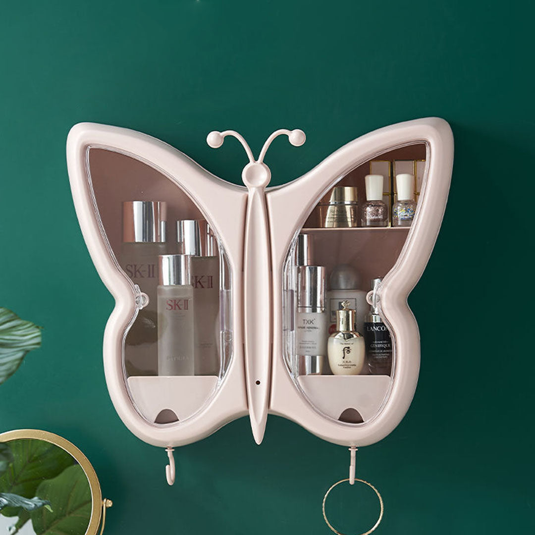 SOGA Pink Butterfly Shape Wall Mounted Makeup Organiser Dustproof Waterproof Bathroom Storage Box Home Decor-Makeup Organisers-PEROZ Accessories