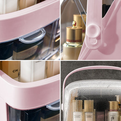SOGA 2 Tier Pink Countertop Makeup Cosmetic Storage Organiser Skincare Holder Jewelry Storage Box with Handle-Makeup Organisers-PEROZ Accessories